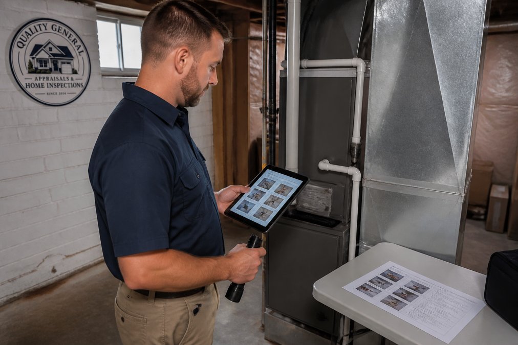A home inspector in a work shirt holding a flashlight stands in a residential basement beside a furnace, reviewing a tablet that displays a photo-filled inspection report, with a printed PDF report resting on a nearby folding table
