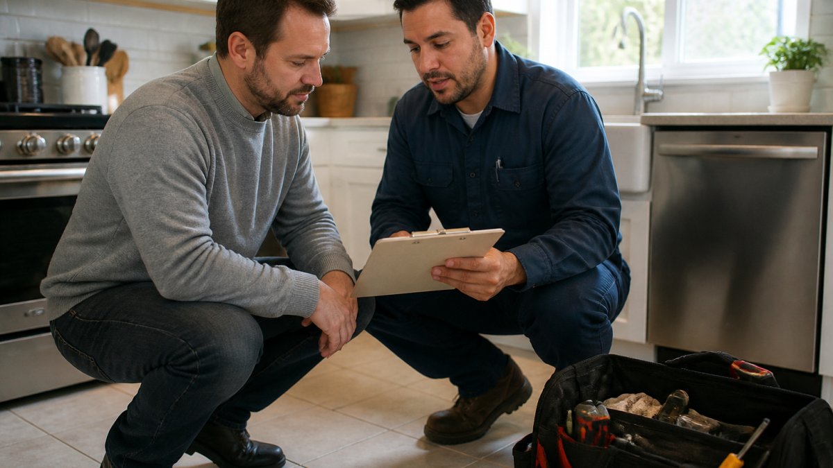A homeowner in a gray sweater and a repair technician in a navy work shirt reviewing a printed quote on a clipboard in a bright kitchen, tool bag open on the tile floor, morning light through the window