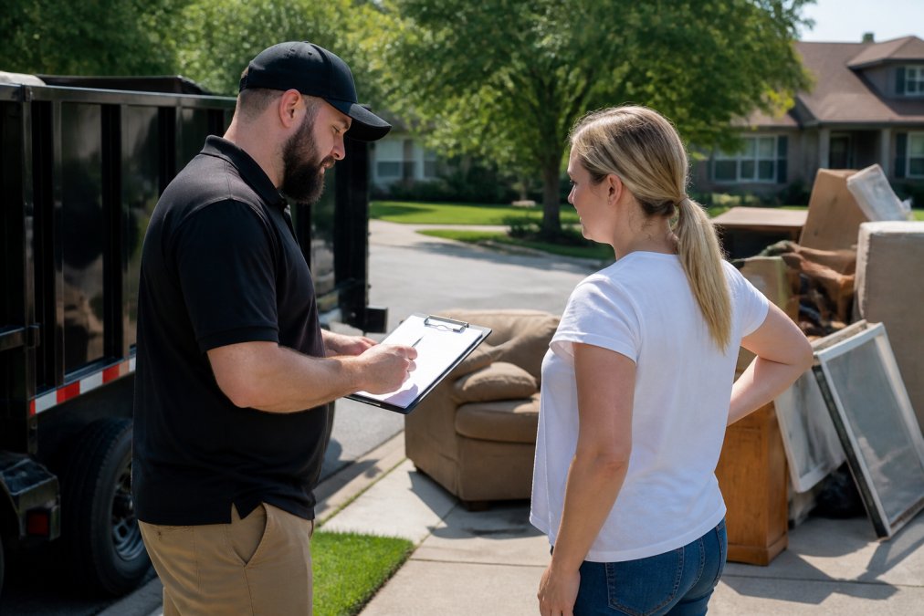 Homeowner speaking with a junk removal professional at the curb, reviewing items to be hauled away with clipboard in hand, natural daylight