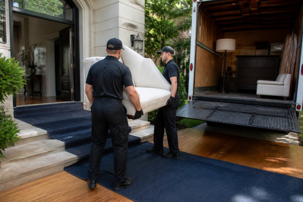 Professional crew in branded uniforms carefully loading furniture and household items into a truck, with floor protection blankets visible on hardwood flooring and a residential home entrance in the background