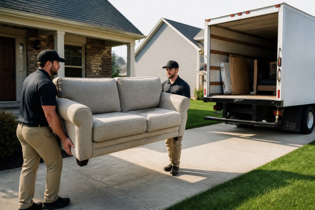 Two workers in uniforms carrying a sofa to a truck for same day junk removal in an Indianapolis driveway.