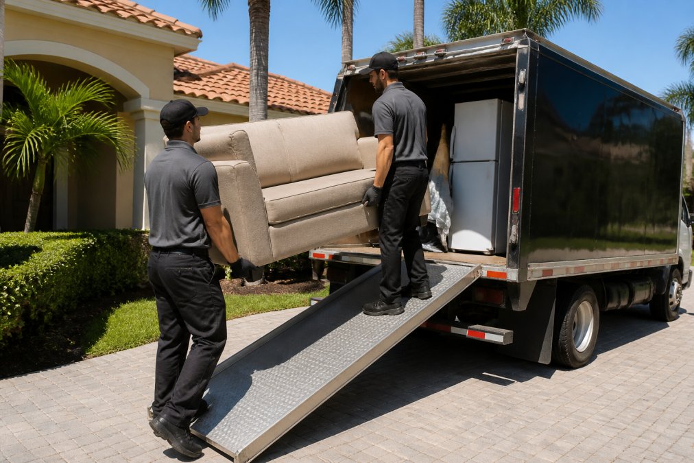Two uniformed junk removal crew members loading a large couch and household appliances onto a branded truck parked in a residential Tampa driveway under bright Florida sunshine
