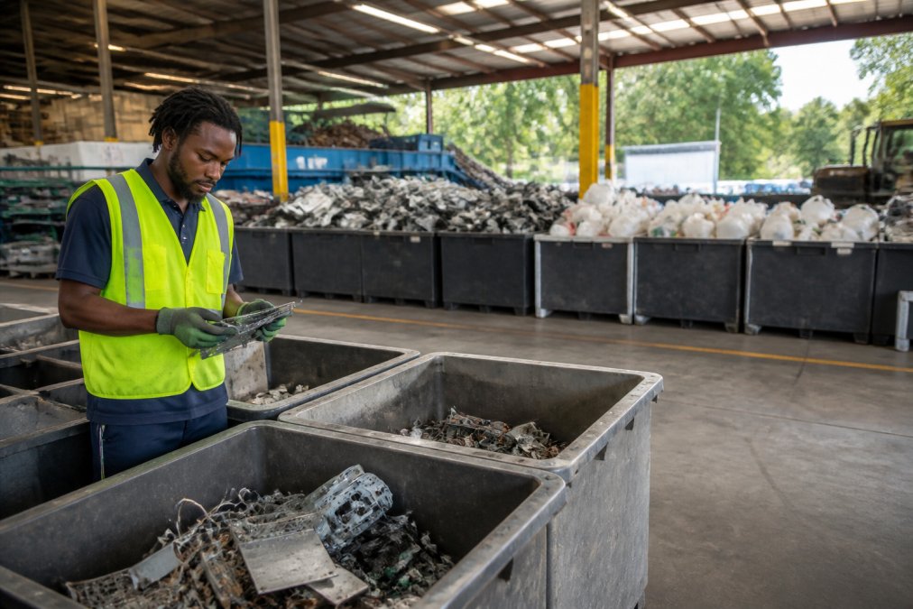 A crew member in a safety vest sorting electronics and metal items at a bright, organized recycling center, with clearly labeled bins for e-waste, scrap metal, and general waste visible in the background