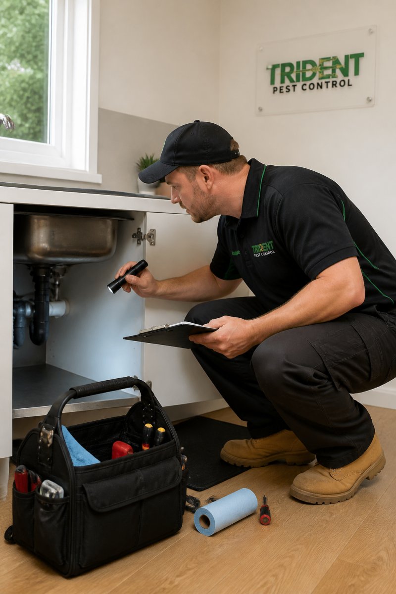 A licensed pest control technician in uniform inspecting under a kitchen sink with a torch, holding a clipboard, in a clean Australian home