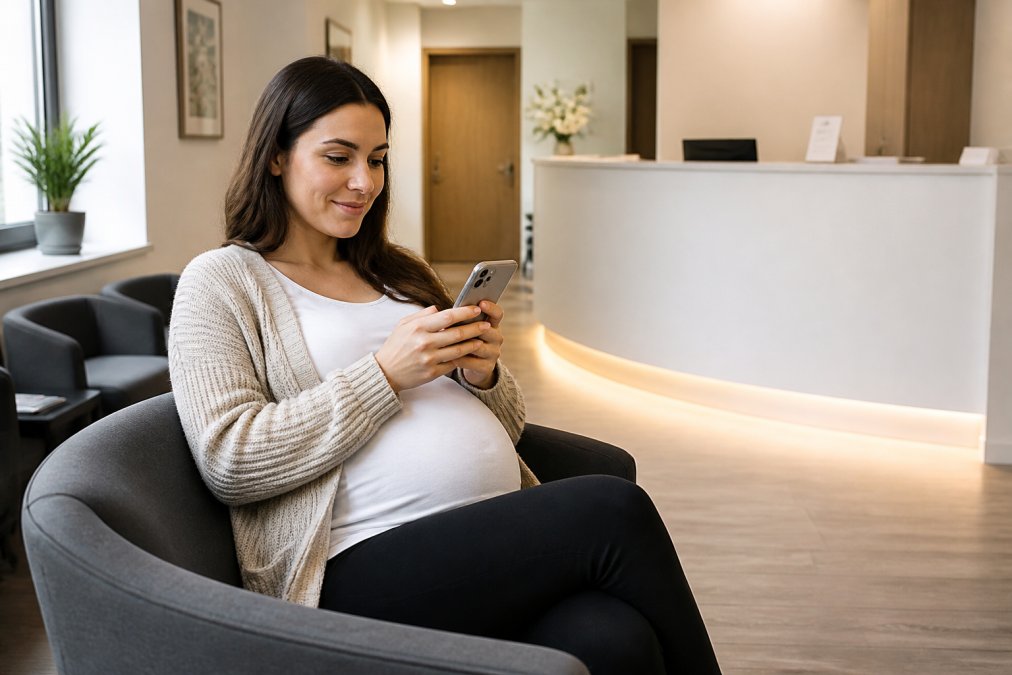 Smiling pregnant woman in a clinic waiting room booking same day private pregnancy scans on her phone