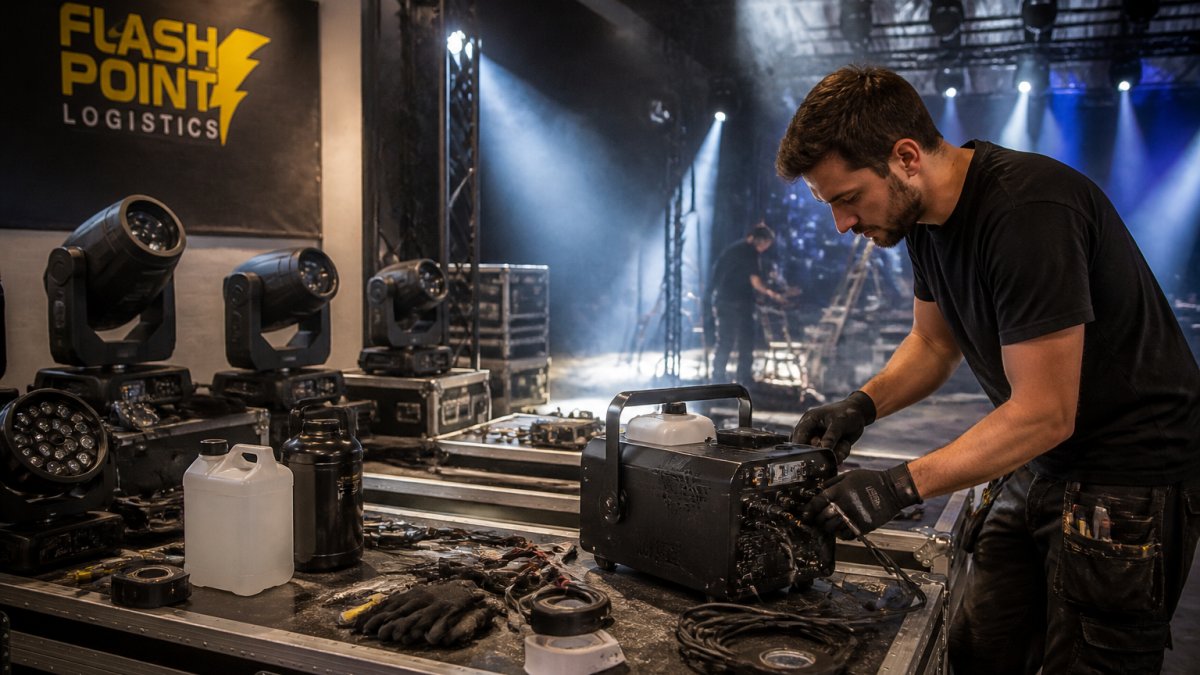 Professional event technician checking haze machines and stage lighting equipment in a dimly lit venue before evening show, carefully inspecting connections and testing atmospheric effects