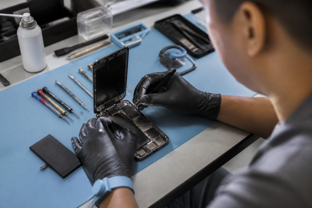 A technician in a clean repair shop carefully replacing a smartphone battery, with precision tools and a new battery visible on the workbench under bright lighting