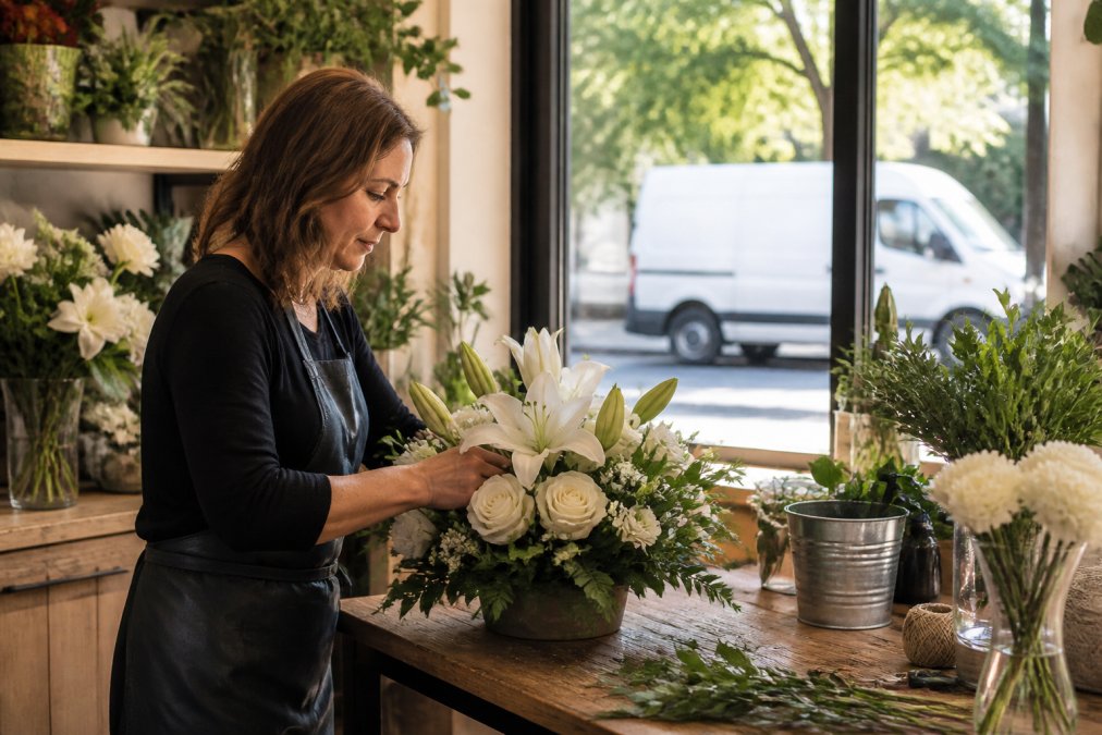 A local florist carefully arranging a sympathy bouquet of white lilies and roses on a wooden workbench, with a white delivery van visible through the shop window and soft afternoon light