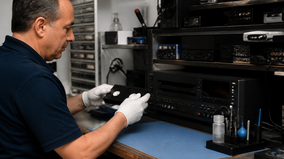 Professional technician carefully handling a VHS tape at a media conversion workstation with professional-grade equipment, colour-corrected monitors, and tape cleaning apparatus visible in background