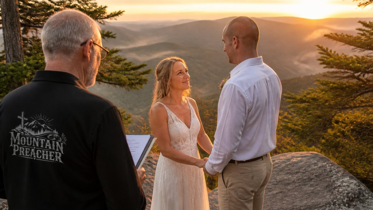 Couple exchanging vows at a scenic mountain overlook during golden hour with natural lighting, intimate atmosphere, and forested backdrop