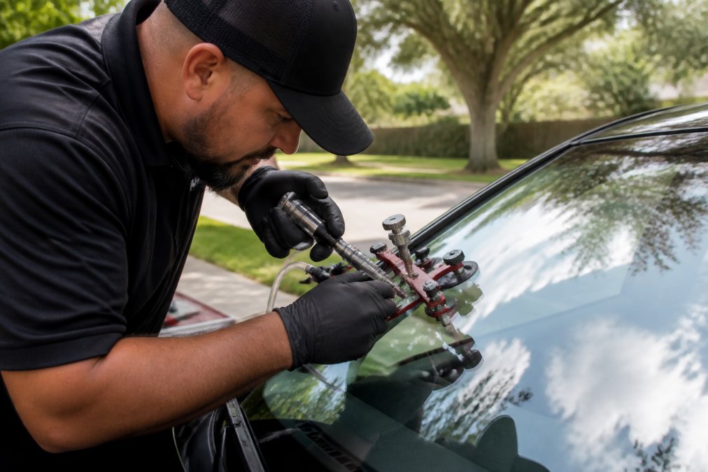 Professional auto glass technician in uniform working on a vehicle windshield outdoors, using specialized polymer injection tools and resin applicators to seal a crack, with natural daylight illuminating the work area