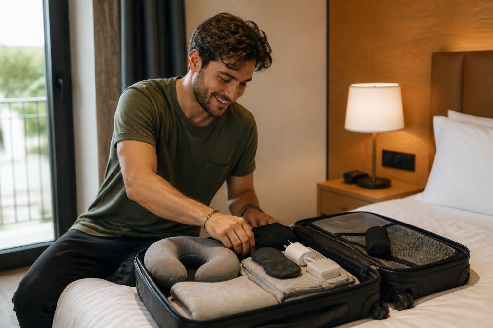 Accessoires voyage disposés sur un lit : coussin, masque, adaptateur universel et organisateur de câbles.