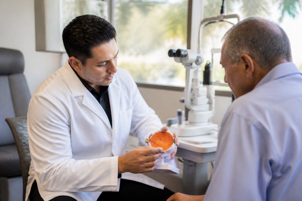 A warm, modern ophthalmology clinic interior where an eye doctor reviews digital retinal scans with an older patient, bright natural light filling the consultation room