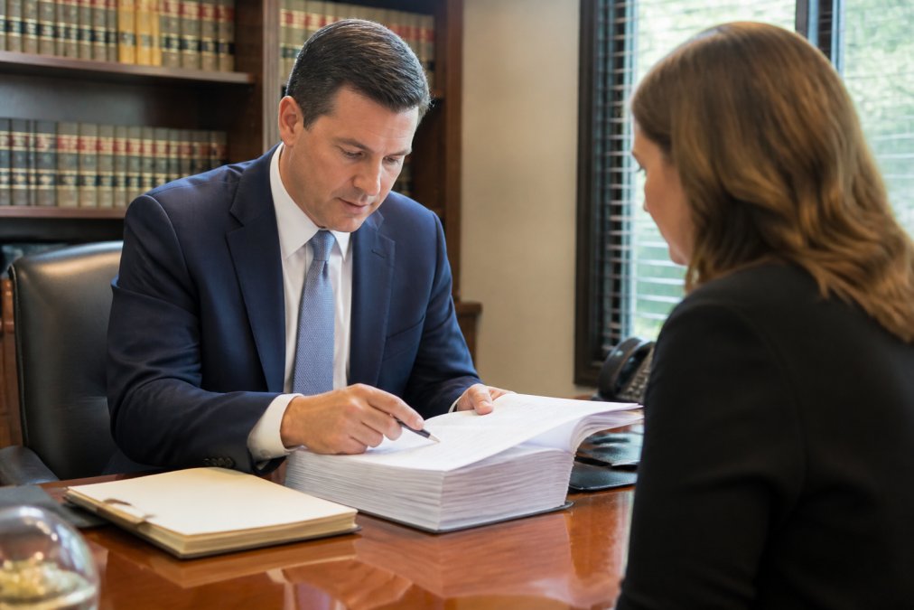 A professional attorney in a suit sitting across a desk from a client, reviewing a thick stack of documents together in a well-lit law office with bookshelves and natural window light