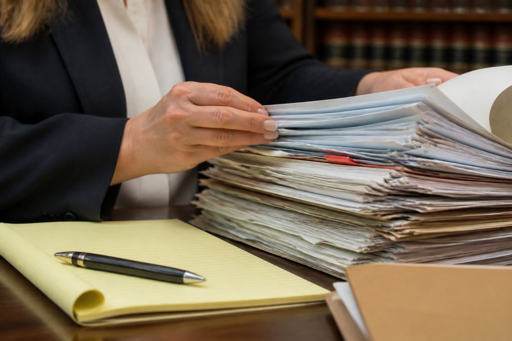 Close-up of a person's hands organizing a thick stack of medical records and legal documents on a wooden desk, with a pen and yellow notepad nearby under warm office lighting