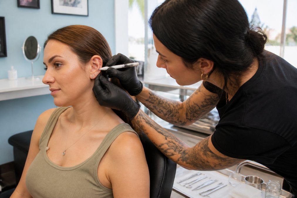 Professional piercer marking a client's ear at a clean San Diego piercing studio with sterile equipment nearby.