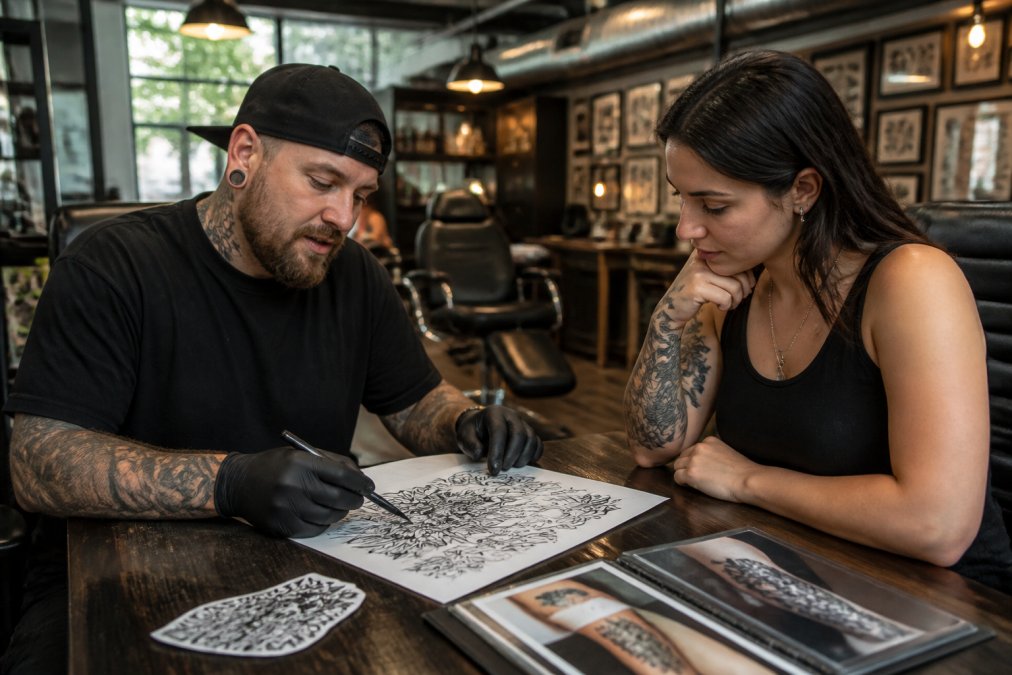 Flowchart illustrating the tattoo consultation process and how it determines final tattoo pricing.