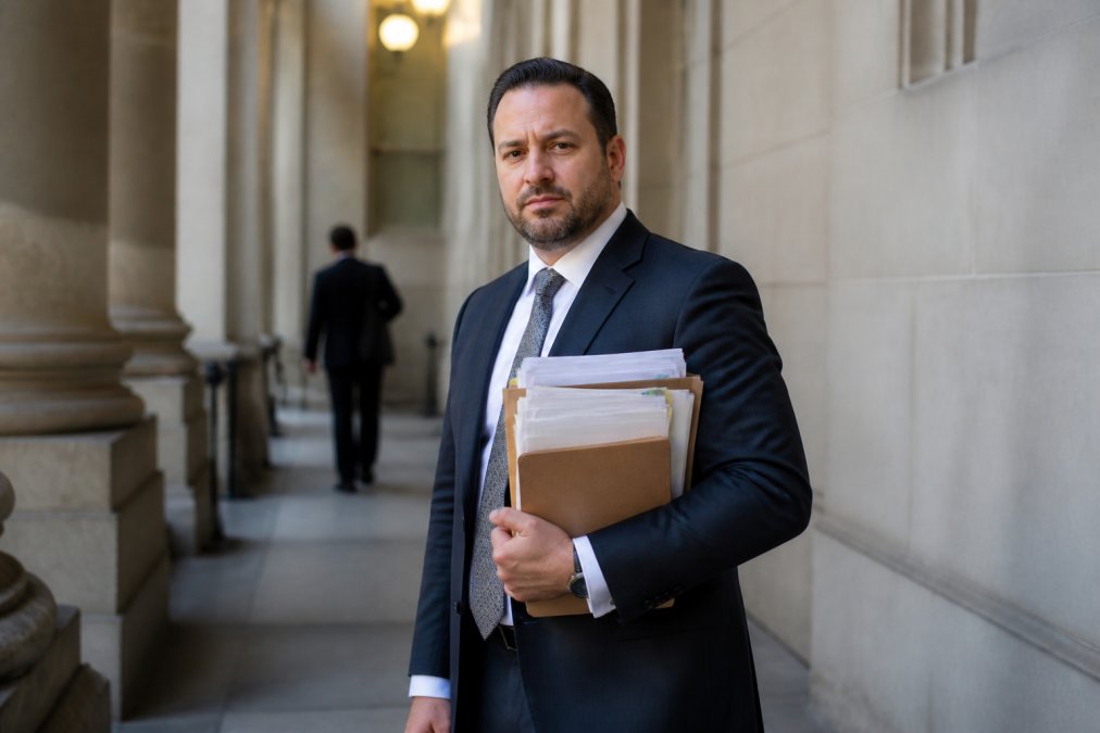 Professional in business attire standing in a courthouse hallway holding case files and legal documents with confident posture