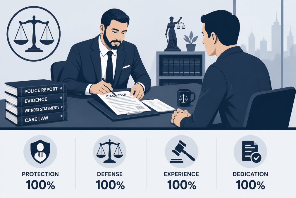 Professional criminal defense attorney in business suit meeting with client across conference table in modern law office, reviewing case documents and legal files with focused expression