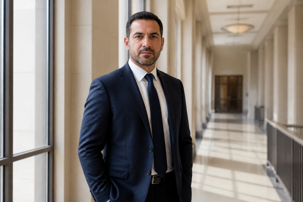 Confident criminal defense attorney standing in modern courthouse hallway in professional business attire with determined expression, morning natural lighting from tall windows
