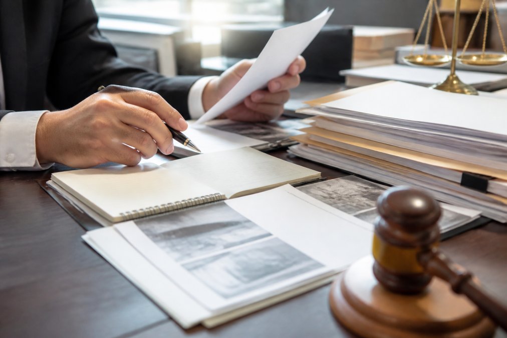 Close-up of hands reviewing legal documents and evidence files on a desk with a pen and notepad, representing case preparation and legal strategy development