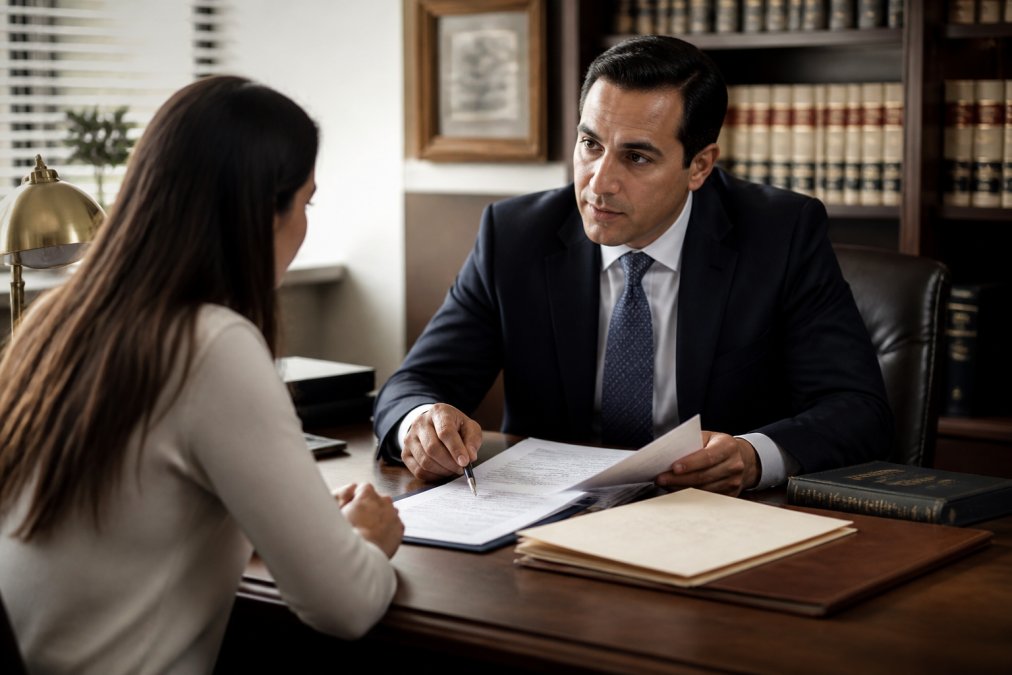 Professional attorney in business attire meeting with a client across a desk in a law office, reviewing documents and discussing case strategy with focused attention