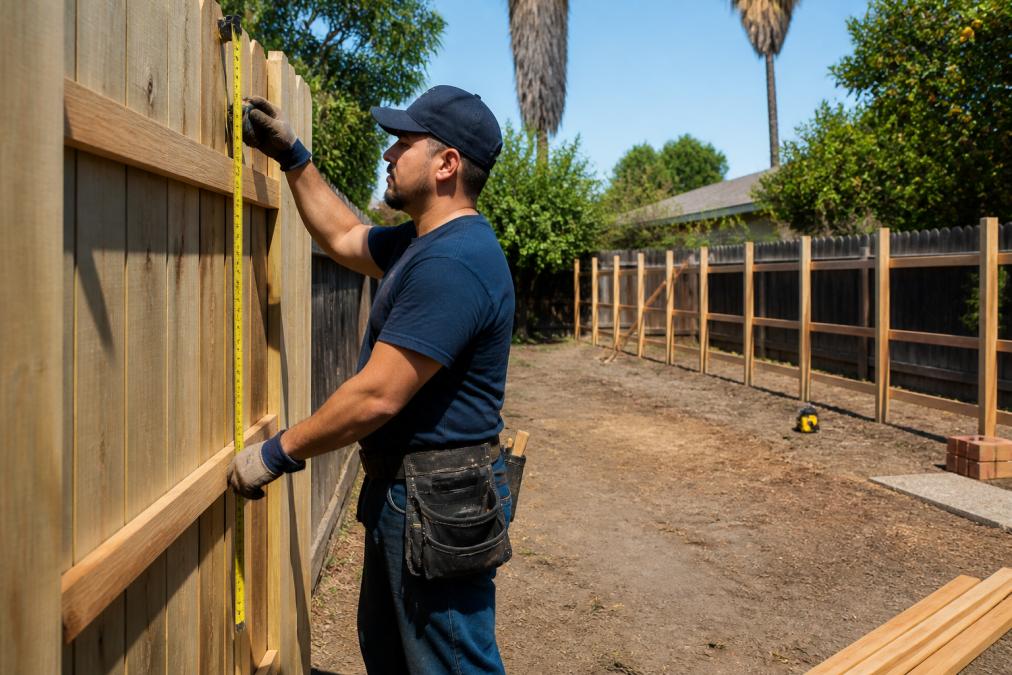 A professional fence installer in work clothes measuring a wooden fence panel in a sunny California backyard, with a partially completed new fence visible