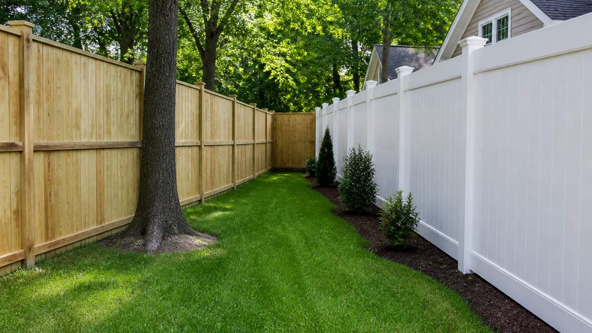 A backyard with a freshly installed wood privacy fence on one side and a white vinyl fence on the other, green lawn and mature trees, bright daylight