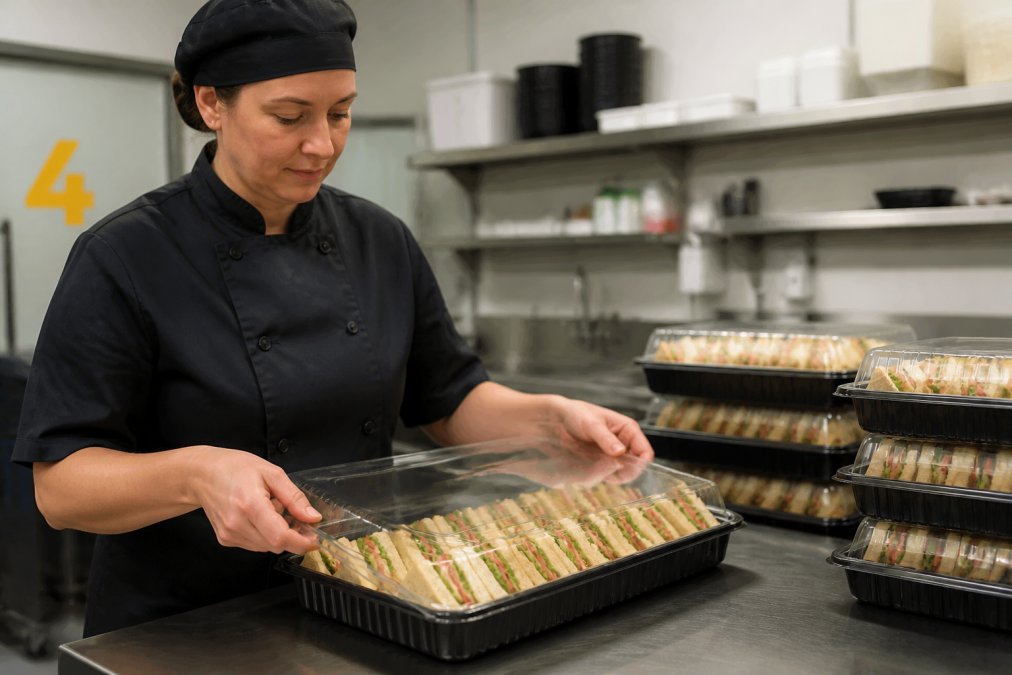 A catering professional in a commercial kitchen checking the fit of a clear lid on a sandwich tray filled with fresh sandwiches, with other stacked trays visible in the background