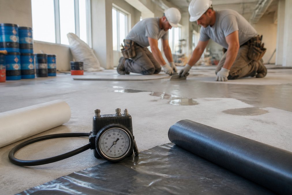 Professional terrazzo installation team preparing healthcare facility subfloor with moisture mitigation materials and testing equipment visible on the work surface under bright work lighting