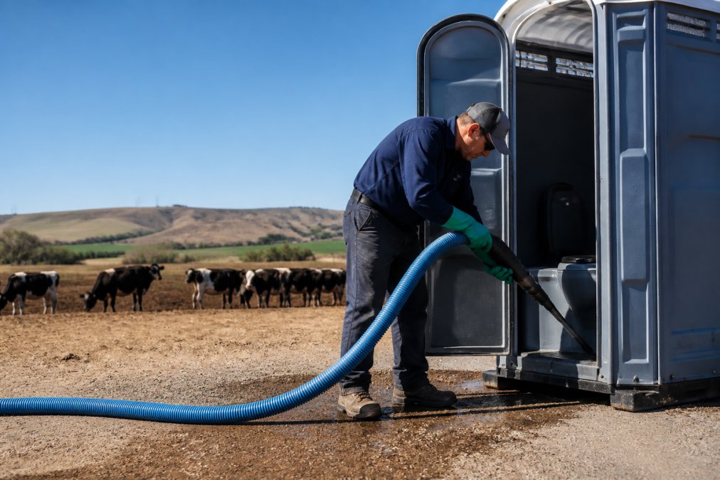 Service technician inspecting and cleaning portable sanitation equipment at a rural farm site with rolling farmland visible in background during midday
