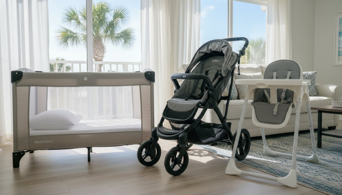 A neatly arranged collection of spotless baby gear items including a white portable crib, a modern stroller, and a wooden high chair set up inside a bright, airy vacation rental living room near a large sunny window with sheer curtains
