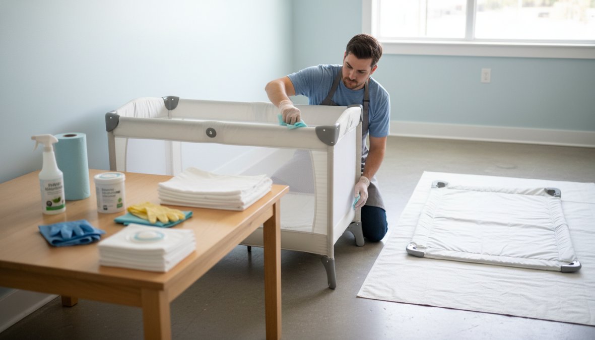 A person in a clean, well-lit workspace carefully wiping down a white portable crib frame with a folded microfiber cloth, with fresh fitted sheets and baby-safe cleaning supplies arranged neatly on a bright white table nearby