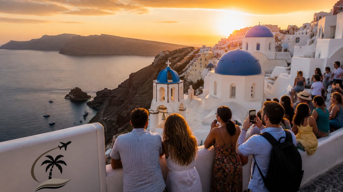 Panoramic view of white-washed buildings with blue domed roofs overlooking the Aegean Sea, with tourists enjoying the vista from a clifftop terrace at golden hour