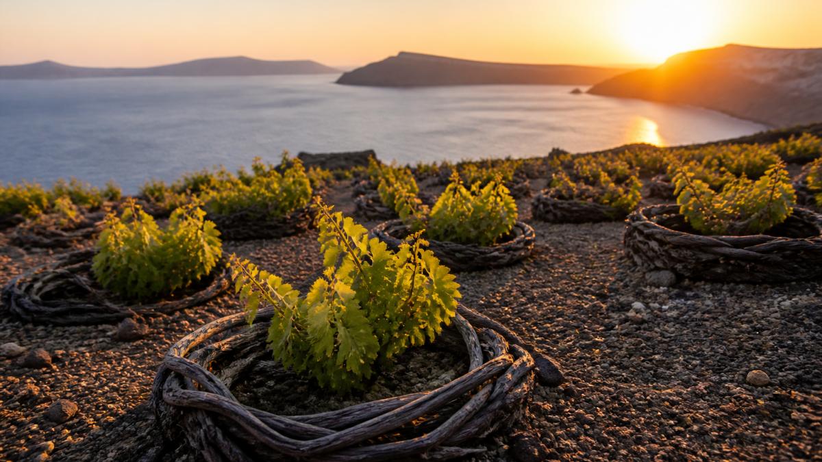 Weinberge auf vulkanischem Boden mit niedrigen, korbartig geflochtenen Rebstöcken vor der Ägäis-Küste bei Sonnenuntergang