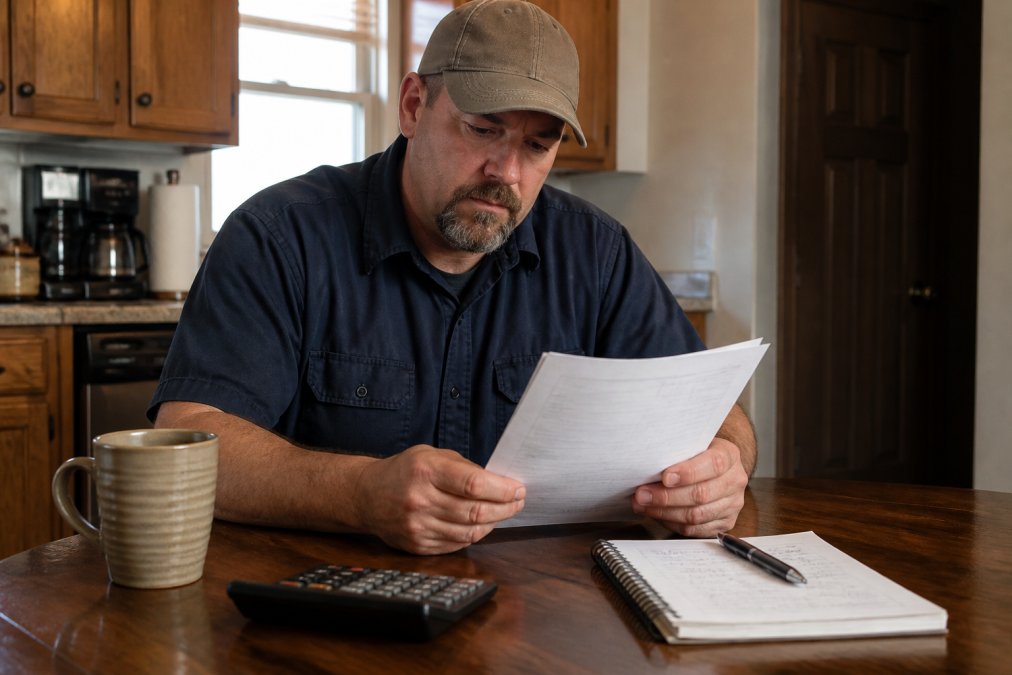 A CDL driver in a work shirt reviewing paperwork at a kitchen table with a calculator, notebook, and coffee mug nearby, budgeting for follow-up testing