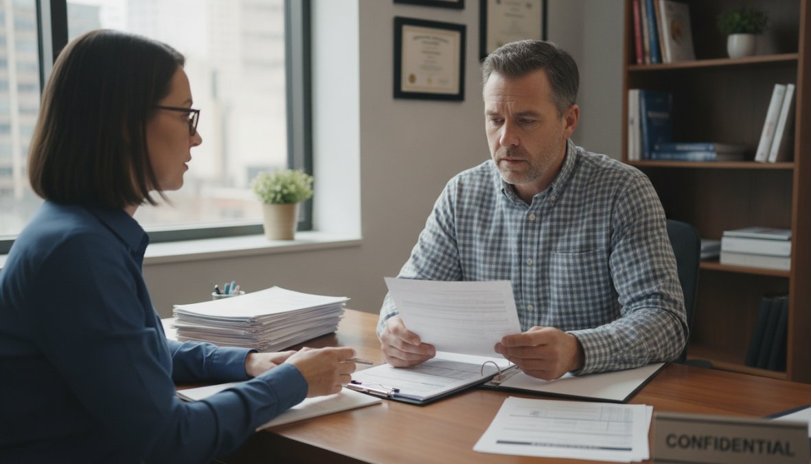 Professional counselor conducting a substance abuse evaluation session with a CDL driver in a clinical office setting with natural lighting and professional furnishings