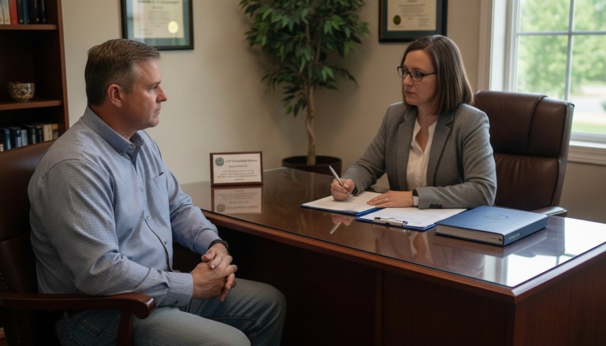 Licensed counselor conducting a professional substance abuse evaluation with a client in a modern clinical office setting, reviewing documents and taking notes during a face-to-face session