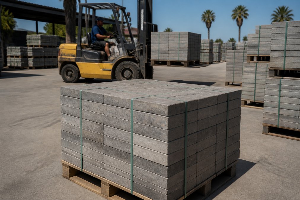 A neatly stacked pallet of rectangular concrete pavers in a manufacturer's outdoor storage yard, with a forklift in the background under bright Southern California sun
