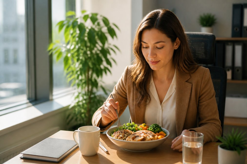 Professional in modern office eating a balanced meal at their desk with visible whole grains, lean protein, and fresh vegetables, appearing focused and energised with natural window lighting