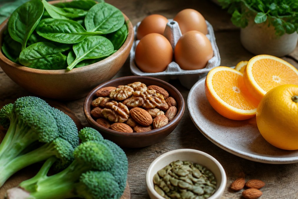 Close-up of nutrient-dense foods including leafy greens, eggs, nuts, and citrus fruits arranged on a wooden surface with natural lighting