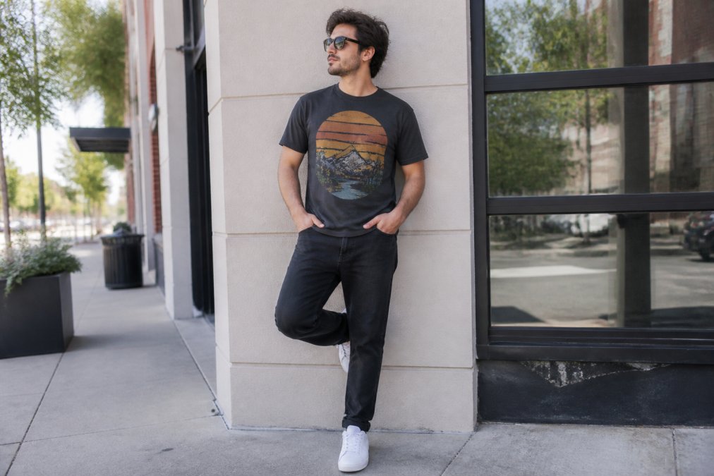 Adult wearing a vintage-style sarcastic graphic tee styled with dark jeans and white sneakers, standing in a modern urban setting with natural outdoor lighting, demonstrating casual everyday styling
