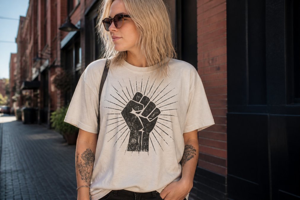 Person wearing a vintage-style sarcastic graphic tee in natural daylight, standing in an urban setting, showing the distressed black print detail, relaxed fit, and organic cotton texture clearly visible