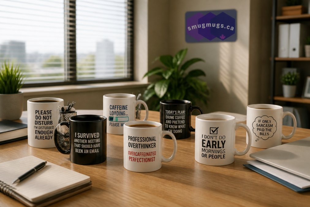 Professional workspace with multiple ceramic mugs arranged on desk, each displaying different witty slogans and designs clearly visible, filled with coffee or tea, morning light from office window