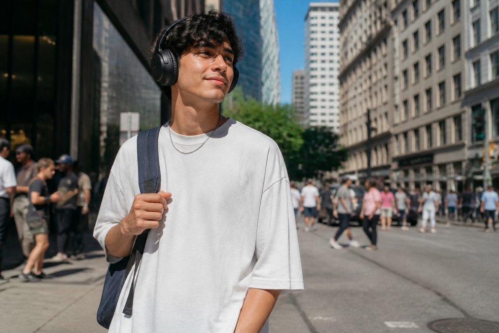 A young adult wearing an oversized graphic tee with a sarcastic quote, standing alone in a bright urban setting with headphones on, looking confident and comfortable