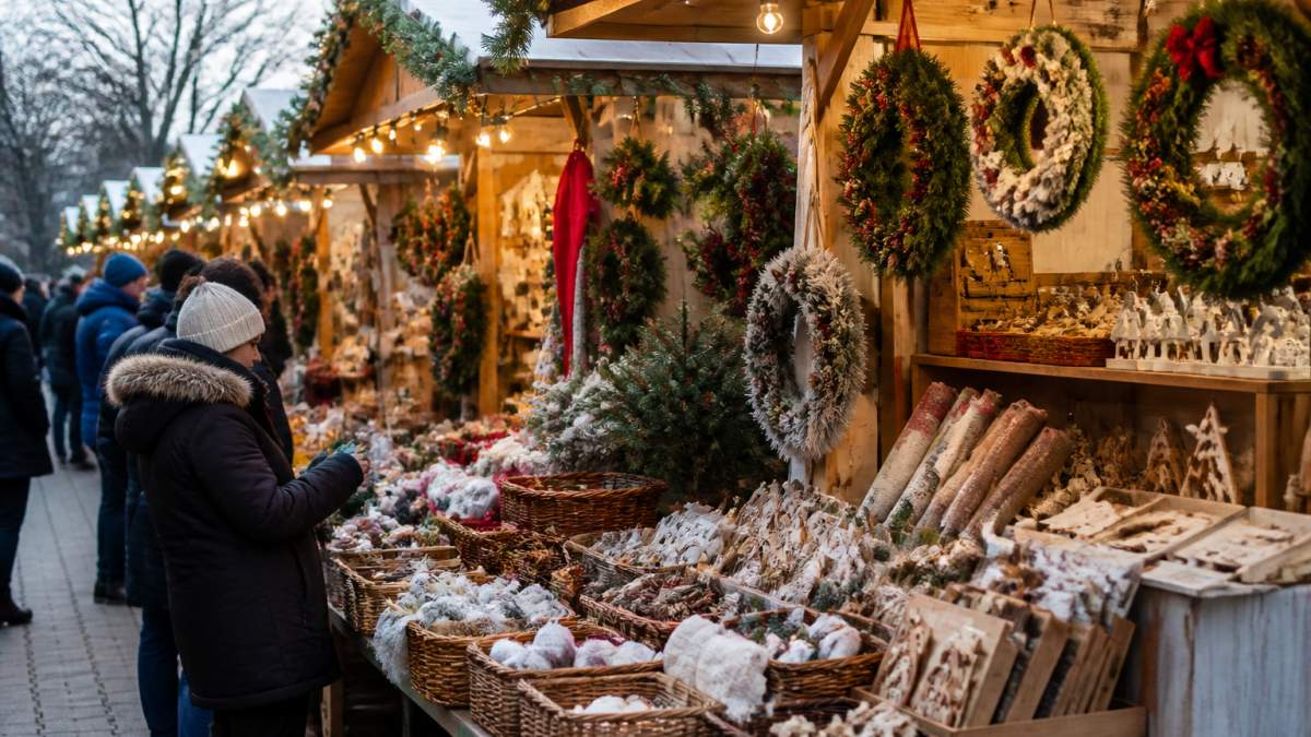 Bustling outdoor Christmas market with vendor booths decorated with holiday lights and garland, shoppers browsing handmade gifts and seasonal items, festive wreaths and decorations visible throughout the market