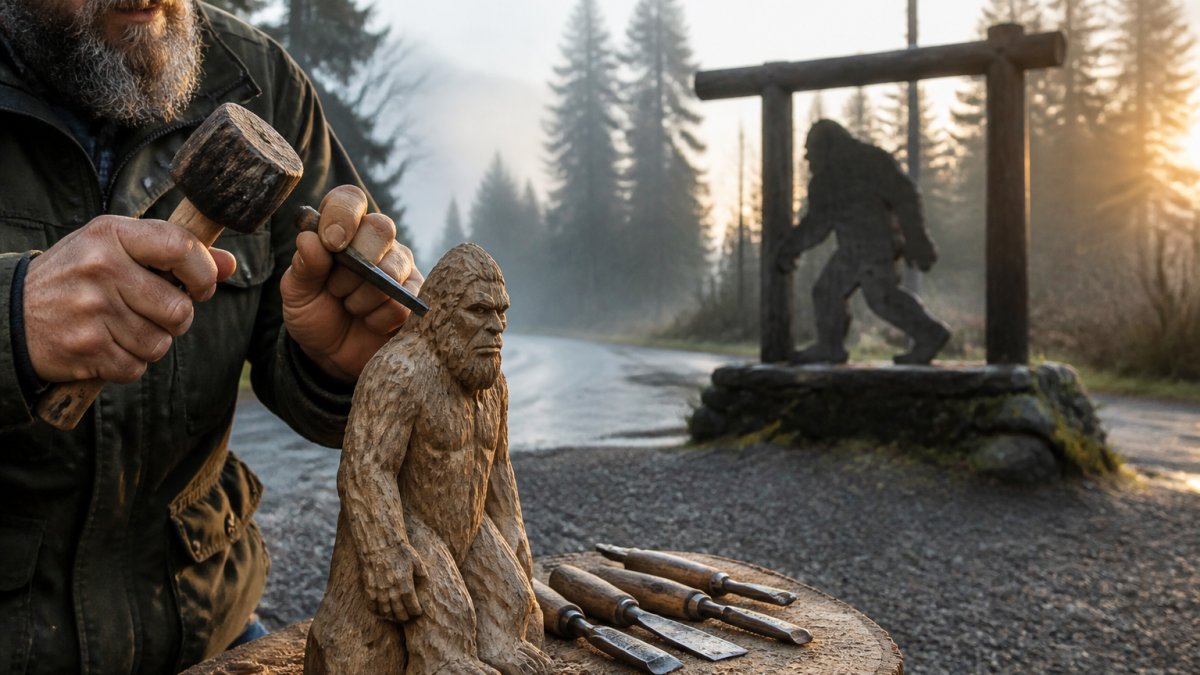 Weathered wooden sign for Forks, Washington featuring a Sasquatch silhouette amid misty evergreen trees