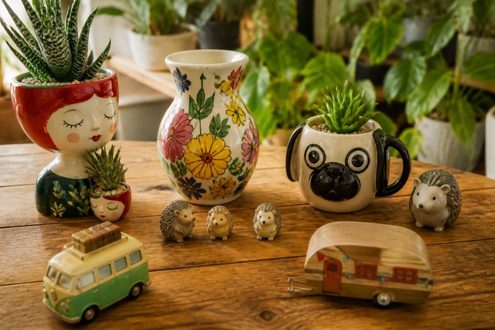 Flat-lay arrangement of quirky ceramic planters with dangling legs, self-watering gnome pots, and folk-floral vases arranged on wooden surface with trailing ivy and potted succulents