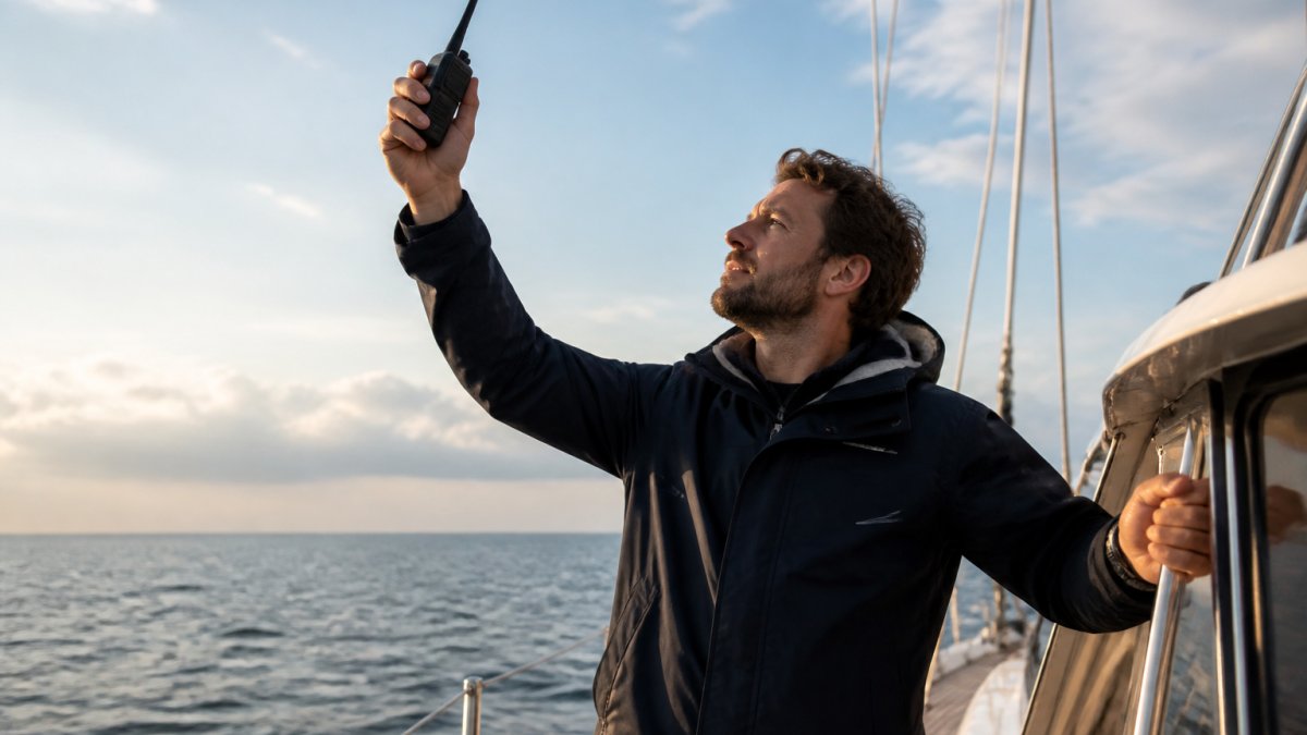 A sailor on the deck of a yacht holding a compact satellite communicator up toward a clear sky, ocean horizon behind them, late afternoon light