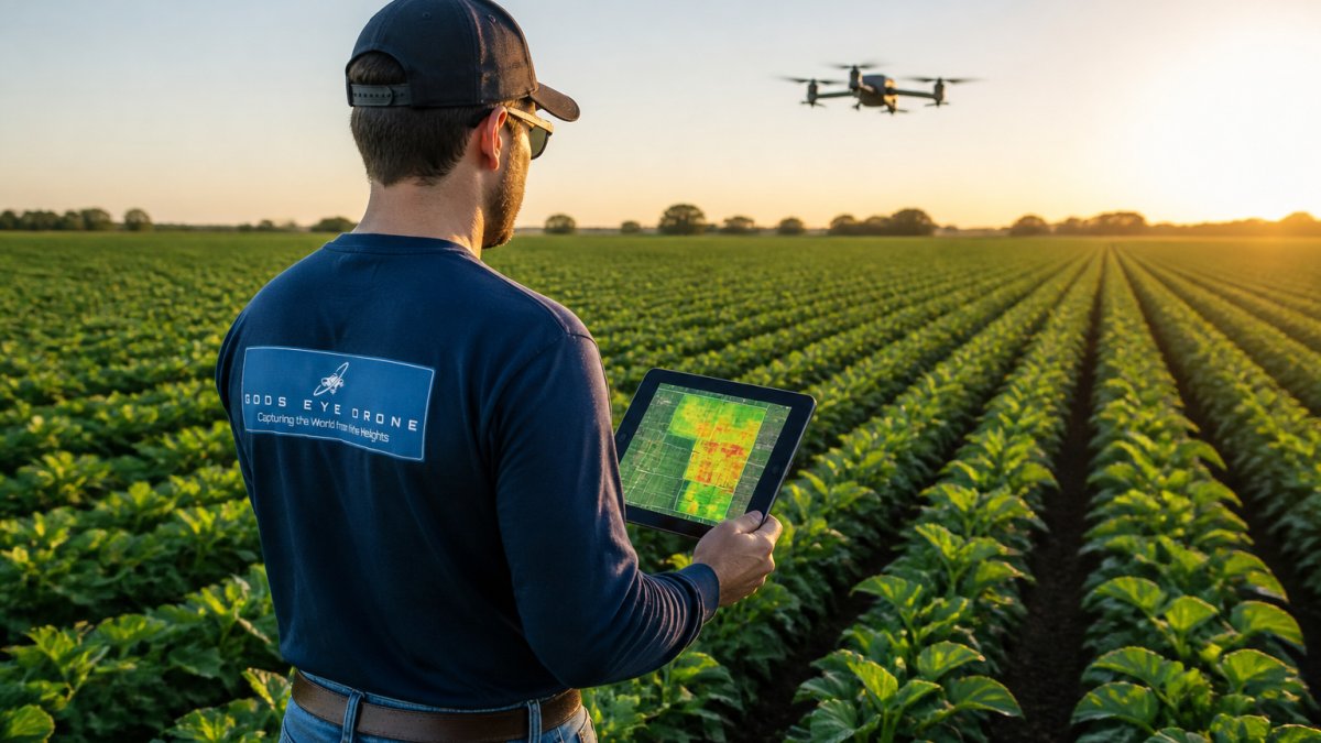 A certified drone pilot standing in a green crop field at sunrise, holding a tablet displaying a multispectral vegetation map, with a professional drone hovering above the rows in the background